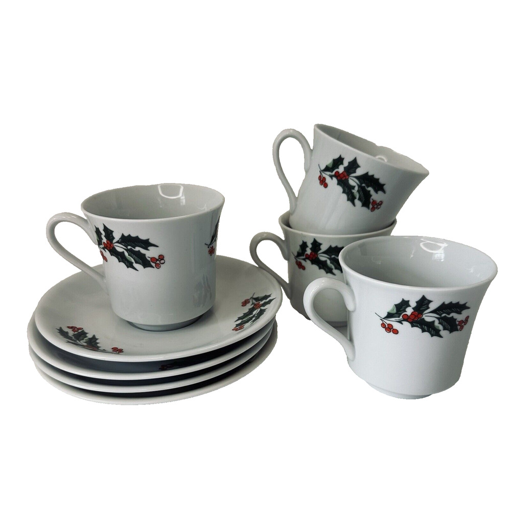 ALCO Holiday Flat Cup & Saucer Set of 4, Green Holly Red Berries Christmas